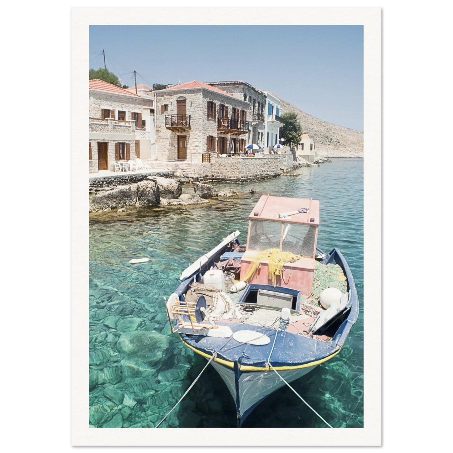 Shores of Crete Fishing Boat Poster 21x29.7 cm 8x12" Border