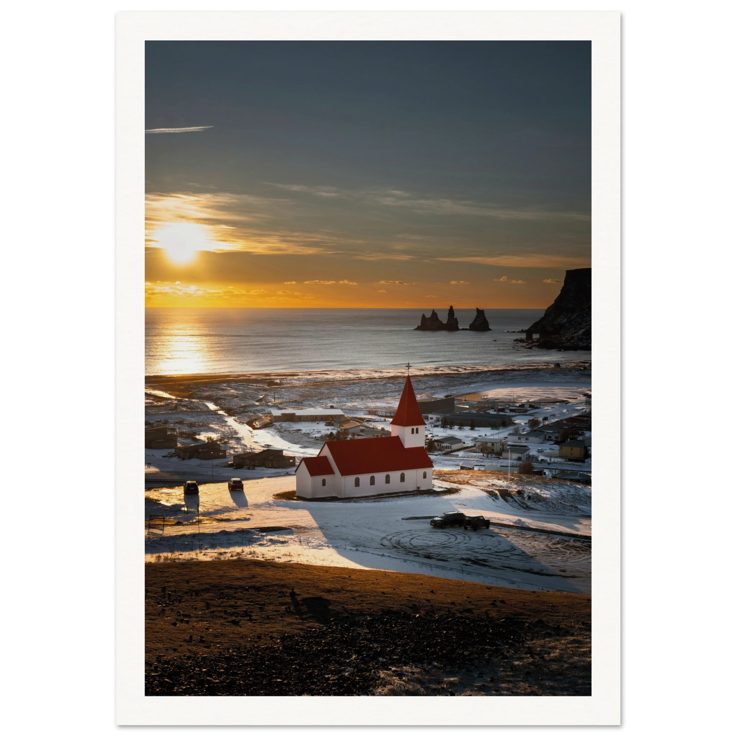 Red Roof Church Iceland Poster 21x29.7 cm 8x12" Border